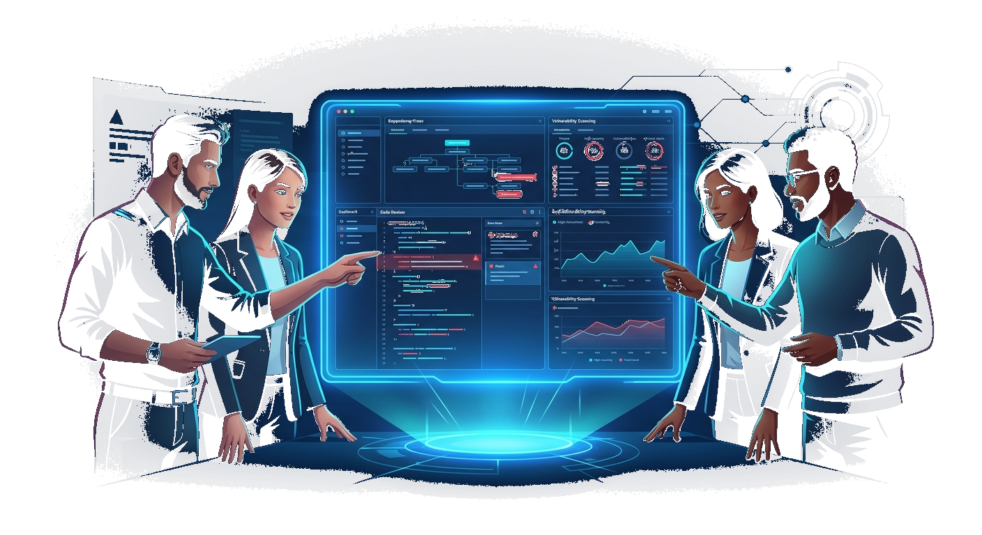 Security team collaborating on application security dashboards